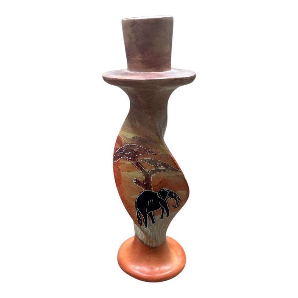 VTG African Carved Candle Holder Soapstone Hand Painted Elephant Kenya